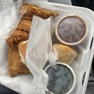 3 piece spicy box pick two veggies - greens and red beans and rice - all good, great lunch!