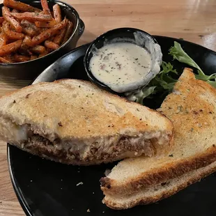 Beef meatball grilled cheese with a bacon Gouda dipping sauce with a side of honey carrots