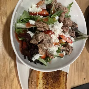 Strawberry field salad and grilled cheese with beef meatballs.