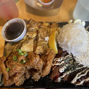 Trio Plate...with Meat Jun, Ono Chicken(YUMMMM), and Ahi Katsui(DOUBLE YUMMMMM)