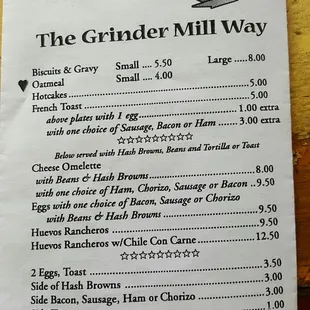 the menu for the grinder mill way