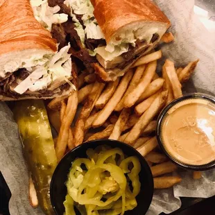 Steak Croissant (Asked for Hot peppers on the side) Ordered fries with Honey Mustard. Came with a pickle!