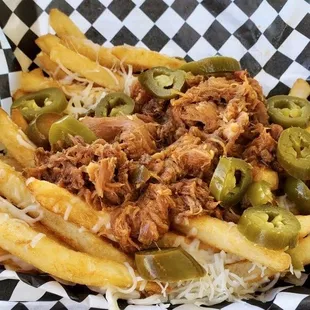 a pulled pork sandwich with french fries