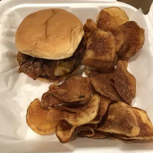 Smash'D Hillybilly - FPO said the burger was good but the chips were a little burnt.