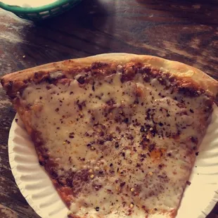 a slice of pizza on a paper plate