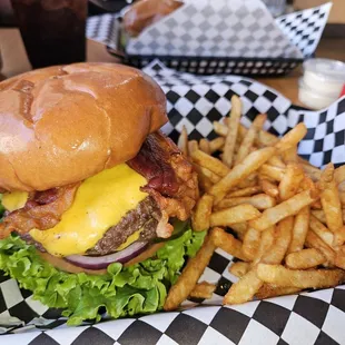 Nice double cheeseburger with bacon and a side of beer battered fries.