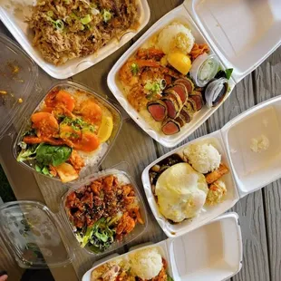 Loco Moco, furikake Chicken, Dynamite Ahi and Poke