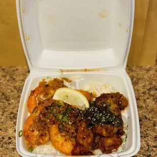 Sweet spicy shrimp &amp; spicy furikake chicken