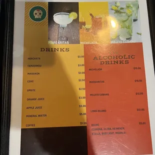 a menu for drinks