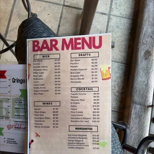 a menu for the restaurant