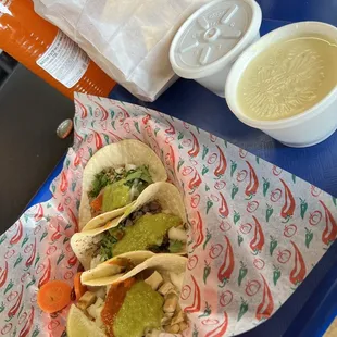 Carne asada, Pollo asado, chile verde, chips &amp; salsa and cheese sauce.