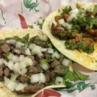 Carne asada and Al pastor tacos