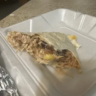 Disgusting chicken burrito that looks and tastes like canned tuna fish