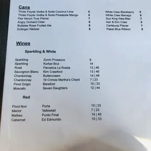 Beer and wine menu