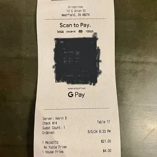 Receipt for food