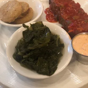 Meatloaf with greens and fried green tomatoes