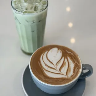 Iced strawberry matcha and decaf mocha with oat milk