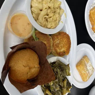 Carb Crab Cakes (2pc) Mac And Cheese Collard Greens Corn Muffin Beignets