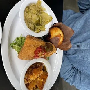 Fried Red Snapper And Two Sides Sauteed Cabbage Sweet Potatoes Corn Muffin