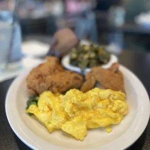 Fried chicken with eggs and collards