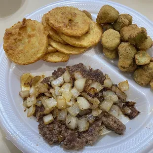 Hamburger steak with onion, fried okra and fried squash.