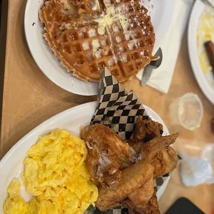 Chicken and waffles. This is the best chicken because it was the whole wing.