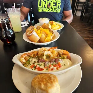 Shrimp n Gritz, French Toast, Seafood Omelette and pineapple mango lemonade!