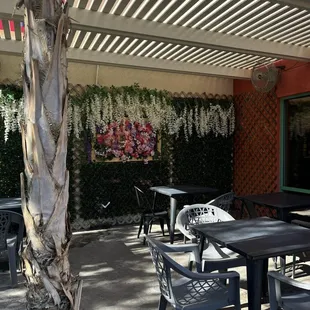 a patio with tables and chairs