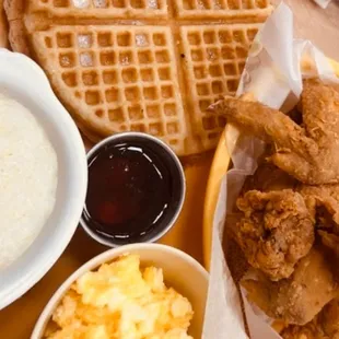 fried chicken, waffles, mashed potatoes, and gravy