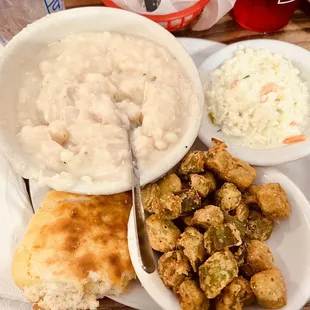 Chicken and dumplings, coleslaw, fried okra, biscuit