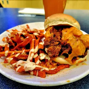 Brisket Topped Double Burger with sweet fries