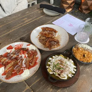 French Toast, Enchiladas Verdes (bottom), Chicken and Waffles