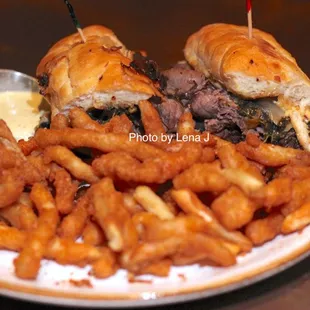 Tunnel Bob's Cheesesteak ($20.75) with beer battered fries. Sliced roast beef, roasted potatoes, caramelized onions, cheddar, chipotle aioli