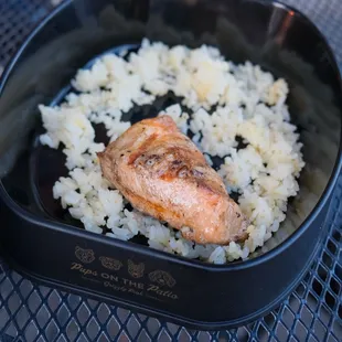 Pups on the patio -- salmon and rice