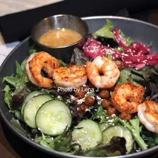 Miso Shrimp Salad ($18.50) - mixed greens, sauteed shrimp, roasted chickpeas, marinated cucumbers, toasted rice, red onions, vinaigrette