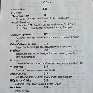 Pizza menu