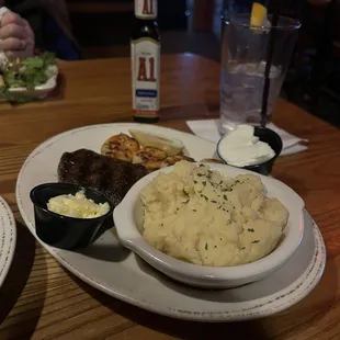 6oz steak, mashed potatoes and grilled shrimp