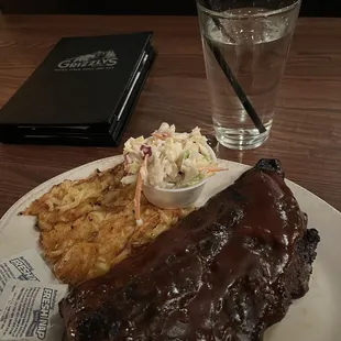 1/2 rack of ribs with cheesy hash browns and slaw!