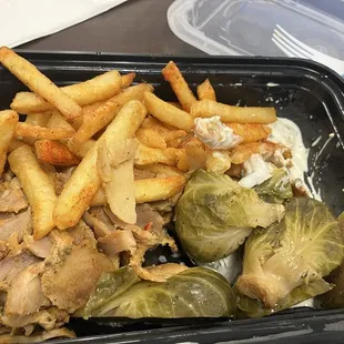 Yeeros Plate - chicken, fries, honey glazed brussels sprouts, tzatziki sauce