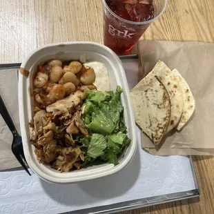 chicken plate kaftero sauce, tomato herb baked butter beans and yogurt lemon garlic salad pita bread Stubborn Can Sodas and Tea