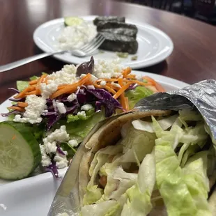 Lamb and Beef Yeero, Greek Salad and Stuffed Grape Leaves.