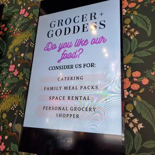 Offerings: Catering, Family Meal Packs, Space Rental, Personal Grocery Shopper