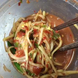Papaya salad, extra spicy, no msg. Warning: so good, but try @ ur own risk! For most, pls tune down spiciness a notch or 2 or 3.