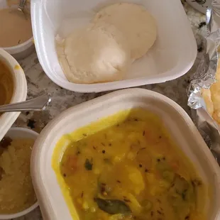 Sat morning breakfast from Inis - potato sabzi, puri, idli, sambar, peanut chutney, sooji ka halwa