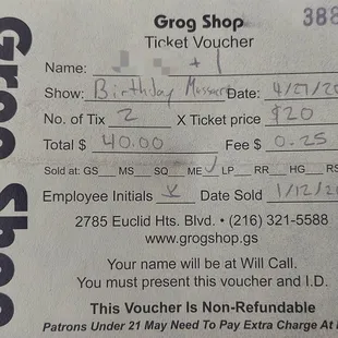 1/12/2020 receipt/tickets voucher for Birthday Massacre show, scheduled for 4/27/2020 but never played due to COVID-19, at Grog Shop.