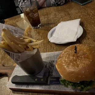 Mushroom burger and fries