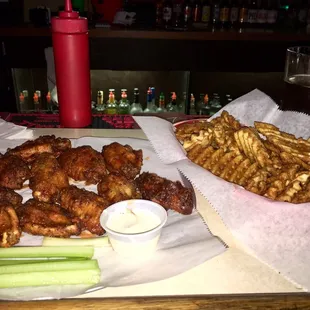 Honey Hot Wings &amp; Waffle Fries. Soooooo goood!!