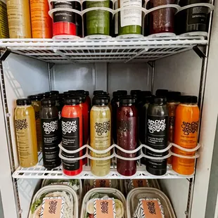 Wide variety of fresh pressed juices that are ready to go.