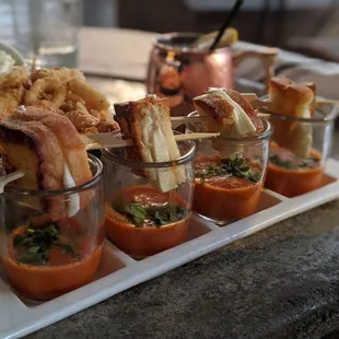 Panini Shooters $13 (margherita panini bites in tomato basil soup shooters)