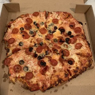 Pepperoni and black olives pizza. Yummy.